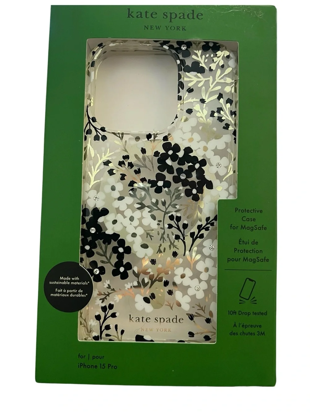 Kate Spade NY iPhone 15 Pro Bundle Floral Case+Rhinestone Camera Lens Protector